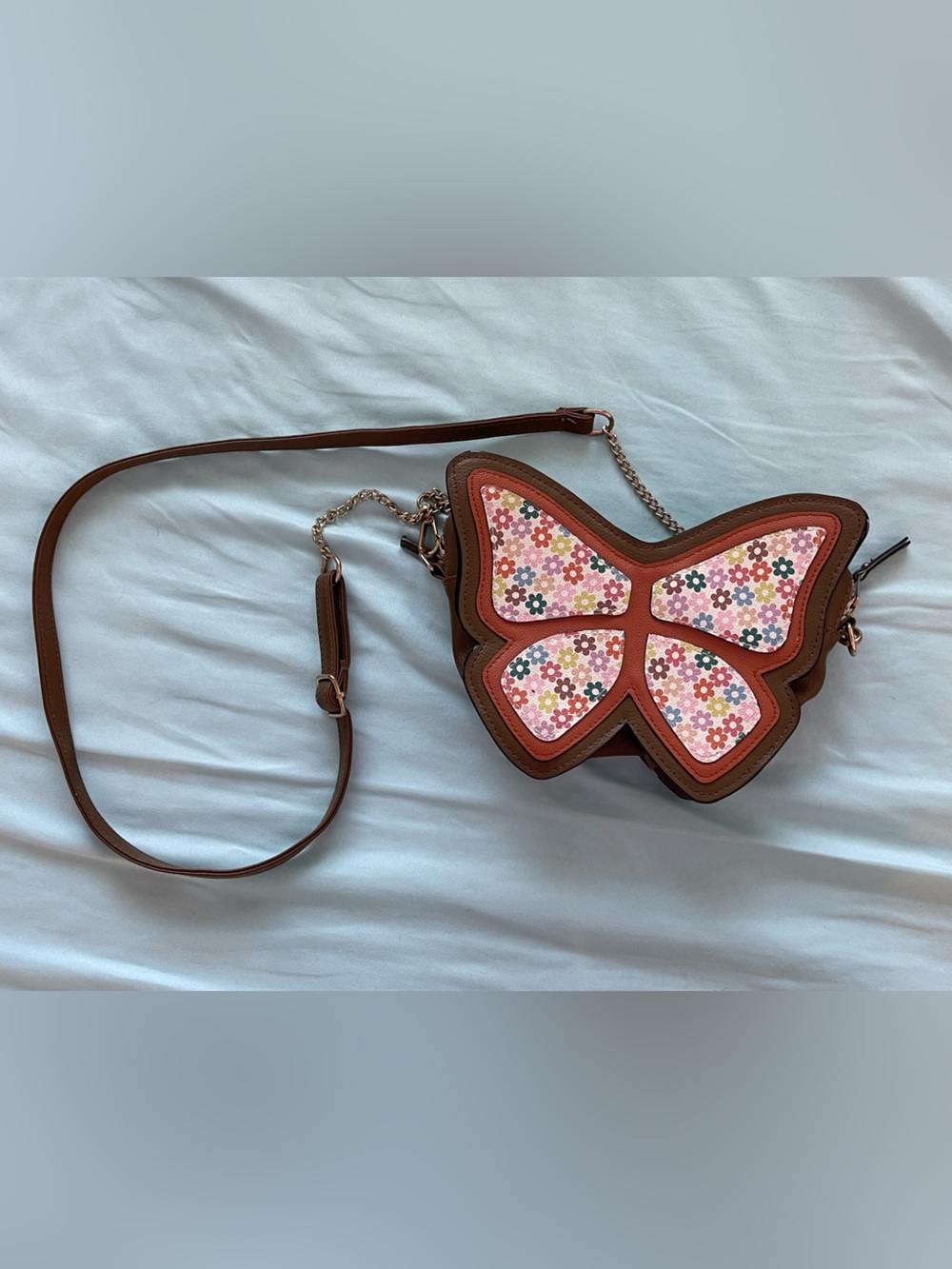 Claire's Brown Butterfly Crossbody Bag with Pink Floral Panels